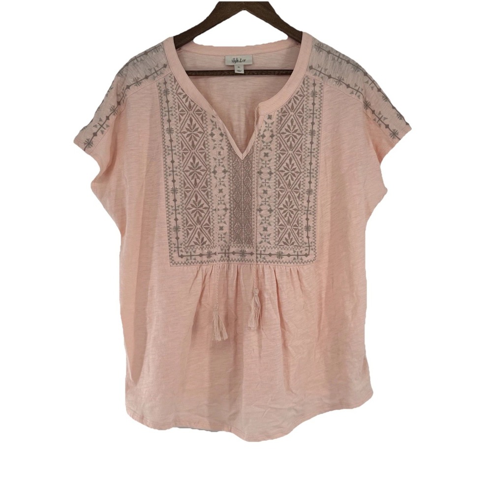 Style & Co Small Embroidered Pink Grey‎ Top Soft Light Boho Geometric Spring
